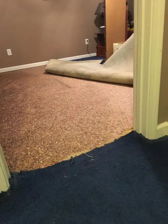 Carpet pad removal revealing water damage during Drying & Dehumidification in Nantucket